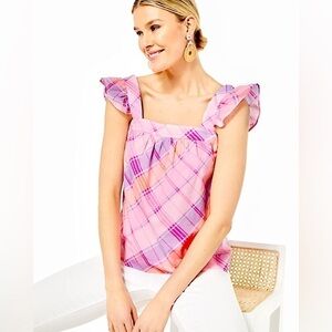 Lilly Pulitzer Reyna Top Pink Isle Madras Plaid Print Ruffle Tank 100% Cotton XS